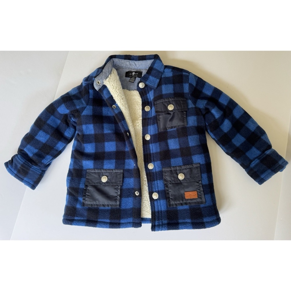 7 For All Mankind Boys 24M Blue Buffalo Plaid Sherpa Lined Jacket Shirt Coat